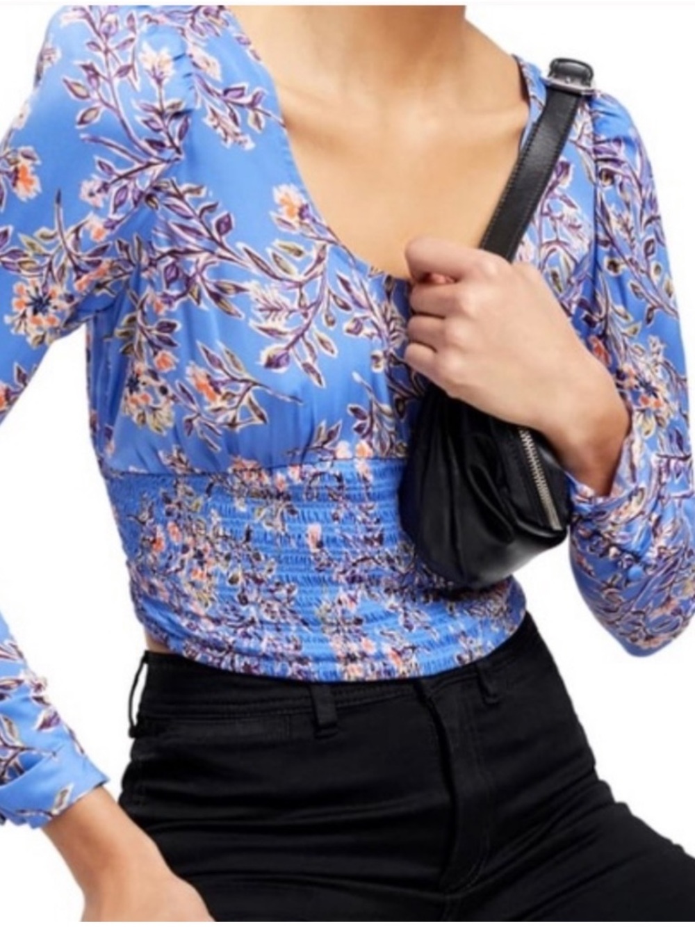 Free People Blue Floral Smocked Santiago Top Sz Sm